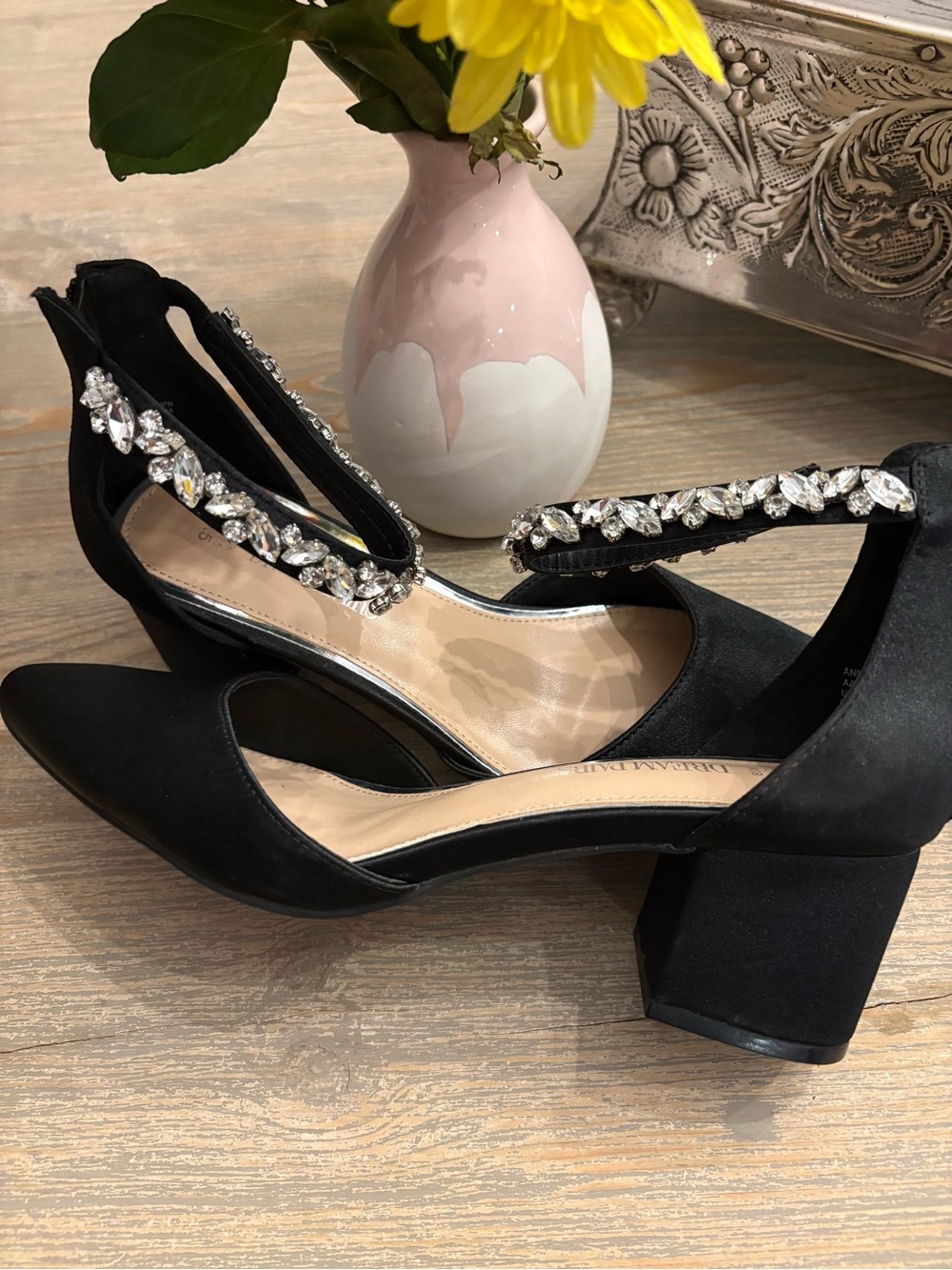Dream Pairs Black Satin Block Heel Pumps with Crystal Ankle Straps